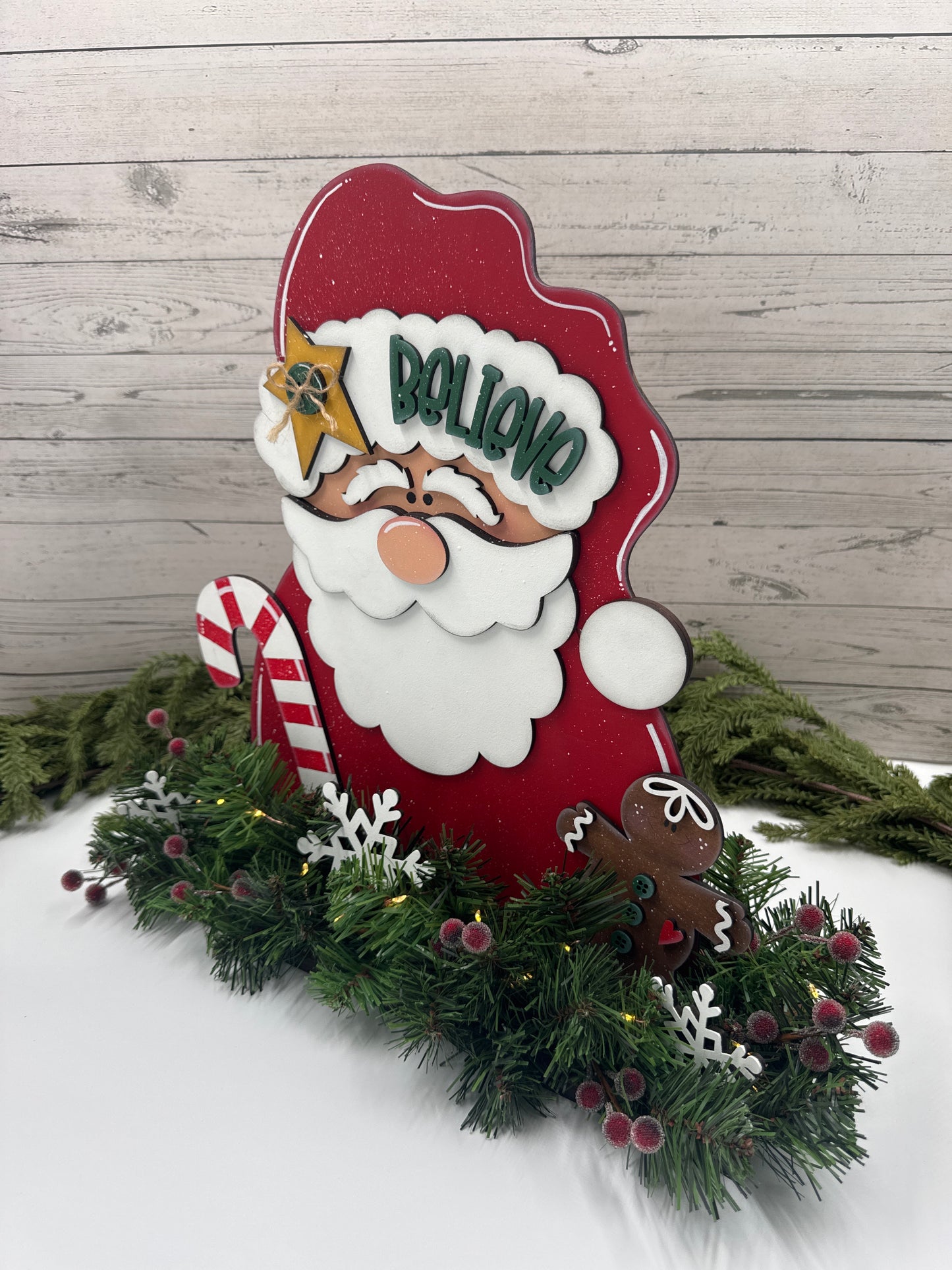 Handmade Santa “Believe” Shelf Sitter with Lighted Garland – Christmas Wood Sign Décor, Holiday Mantel Accent