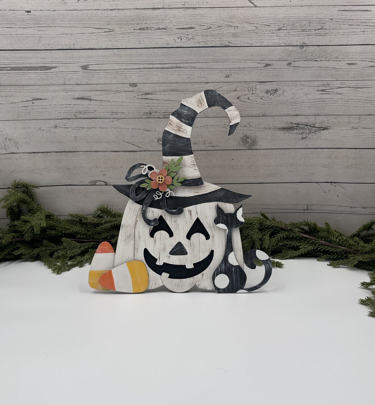 Halloween Pumpkin Witch Shelf Sitter – Hand Painted Fall Décor, Candy Corn Accent, Rustic Wooden Jack-O’-Lantern