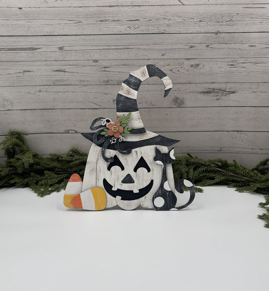 Halloween Pumpkin Witch Shelf Sitter – Hand Painted Fall Décor, Candy Corn Accent, Rustic Wooden Jack-O’-Lantern