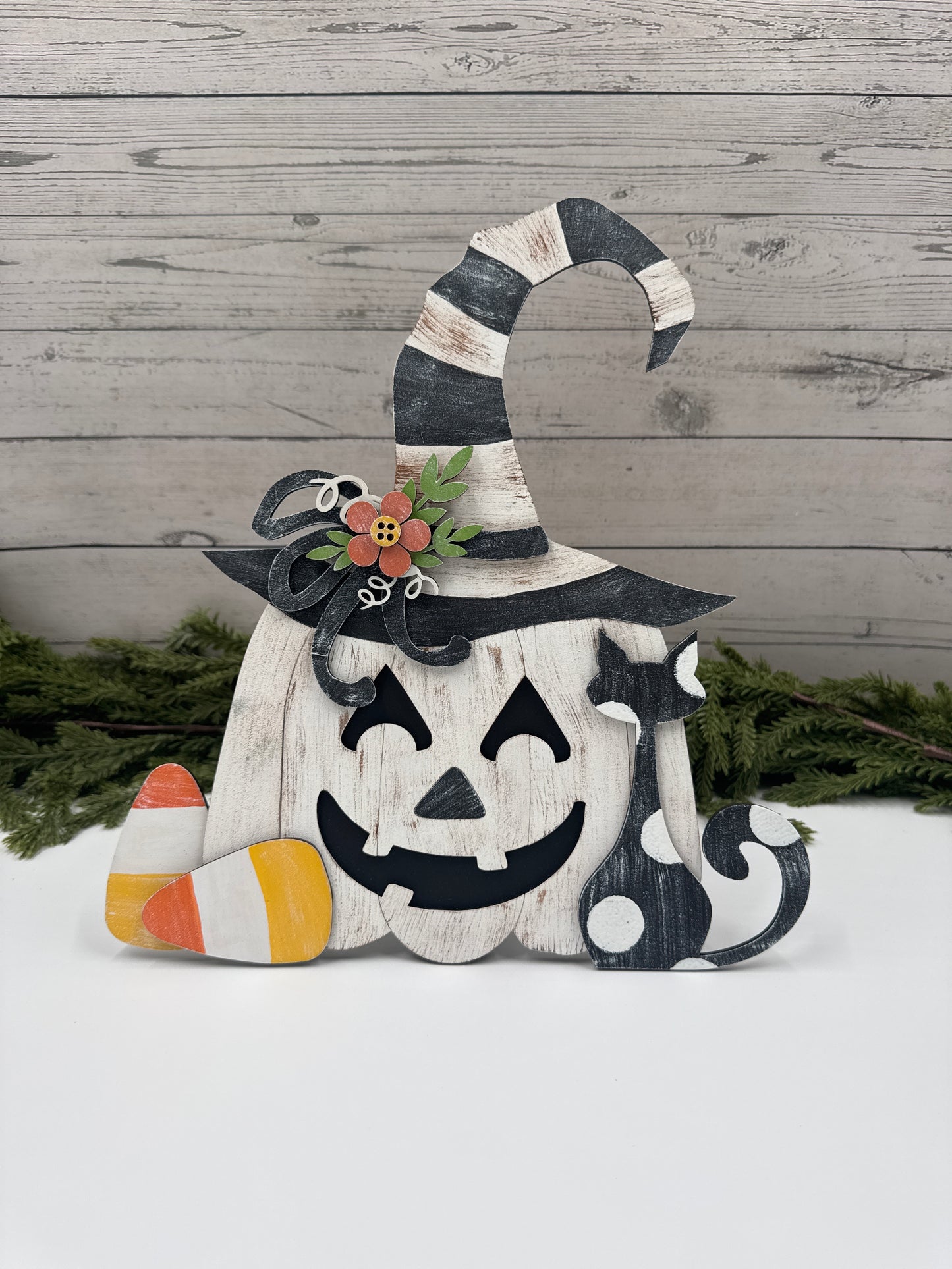 Halloween Pumpkin Witch Shelf Sitter – Hand Painted Fall Décor, Candy Corn Accent, Rustic Wooden Jack-O’-Lantern