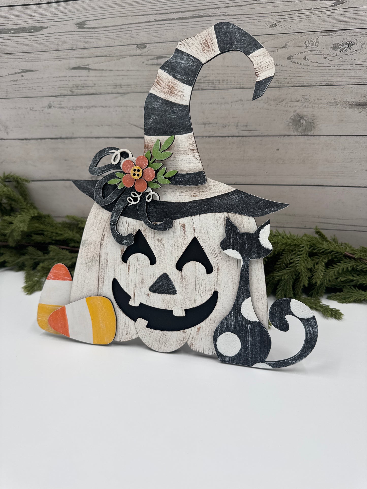 Halloween Pumpkin Witch Shelf Sitter – Hand Painted Fall Décor, Candy Corn Accent, Rustic Wooden Jack-O’-Lantern