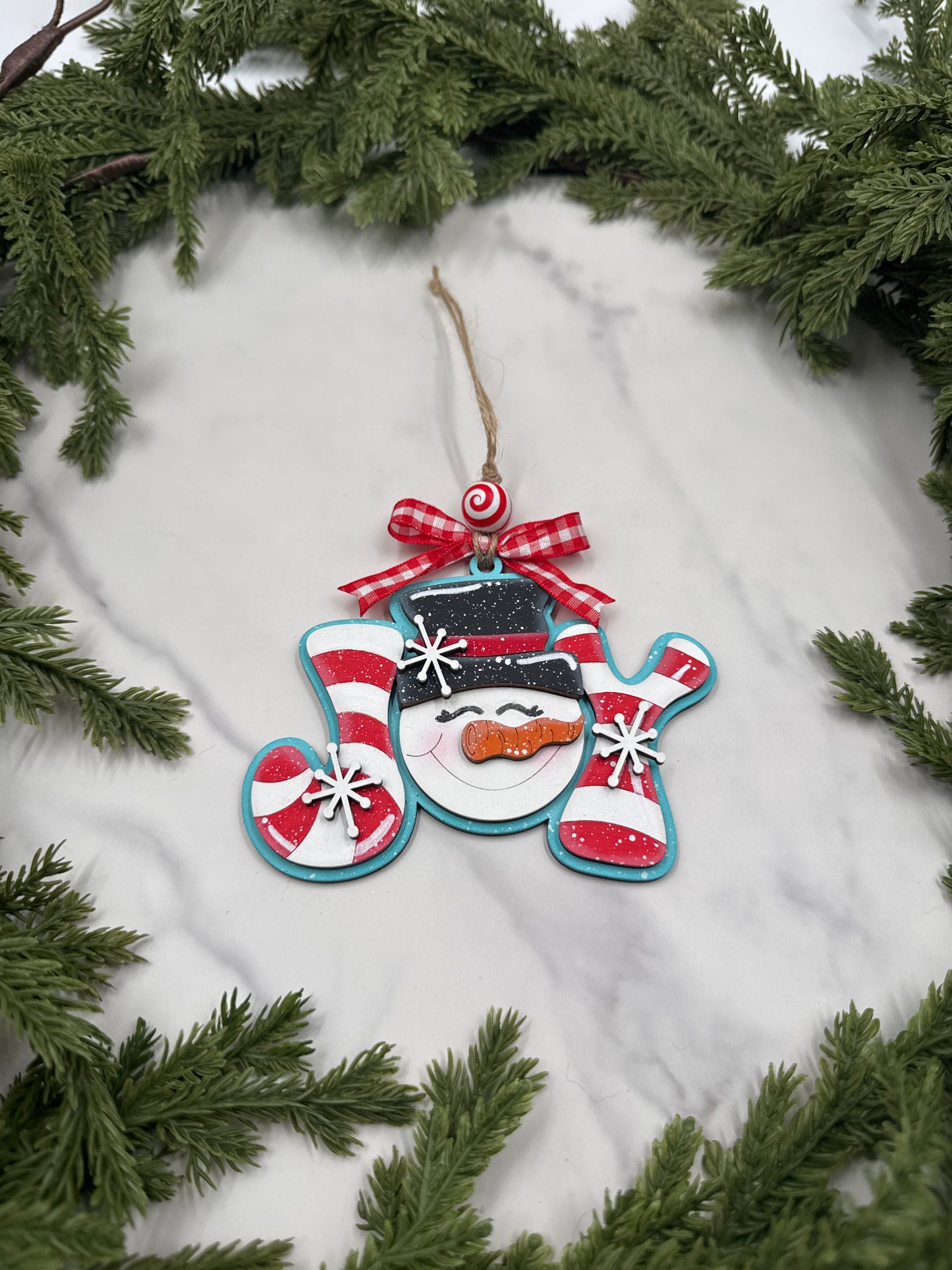 Snowman Joy Ornament – Handmade Wood Ornament, Candy Cane Holiday Décor, Christmas Tree Decoration