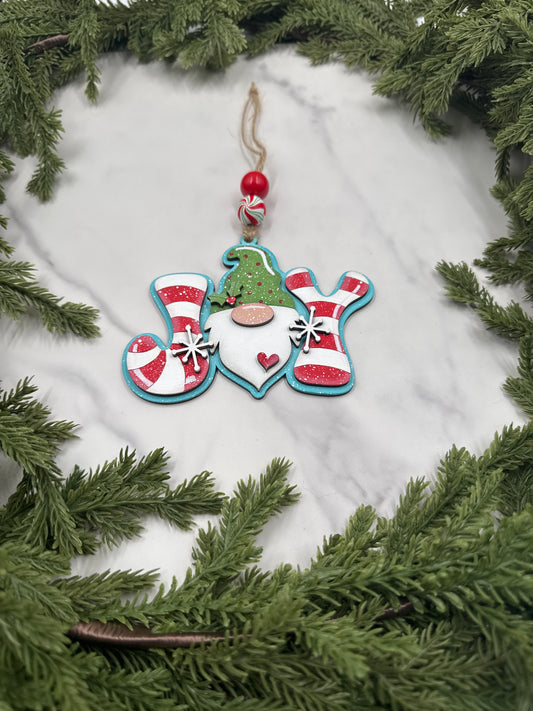 Gnome Joy Ornament – Handmade Wood Christmas Ornament, Candy Cane Holiday Décor, Festive Tree Decoration