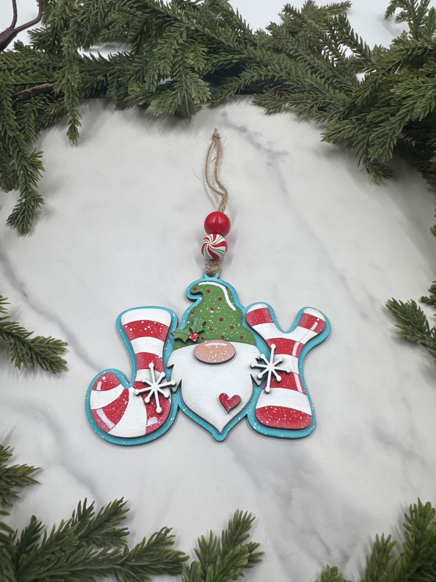 Gnome Joy Ornament – Handmade Wood Christmas Ornament, Candy Cane Holiday Décor, Festive Tree Decoration