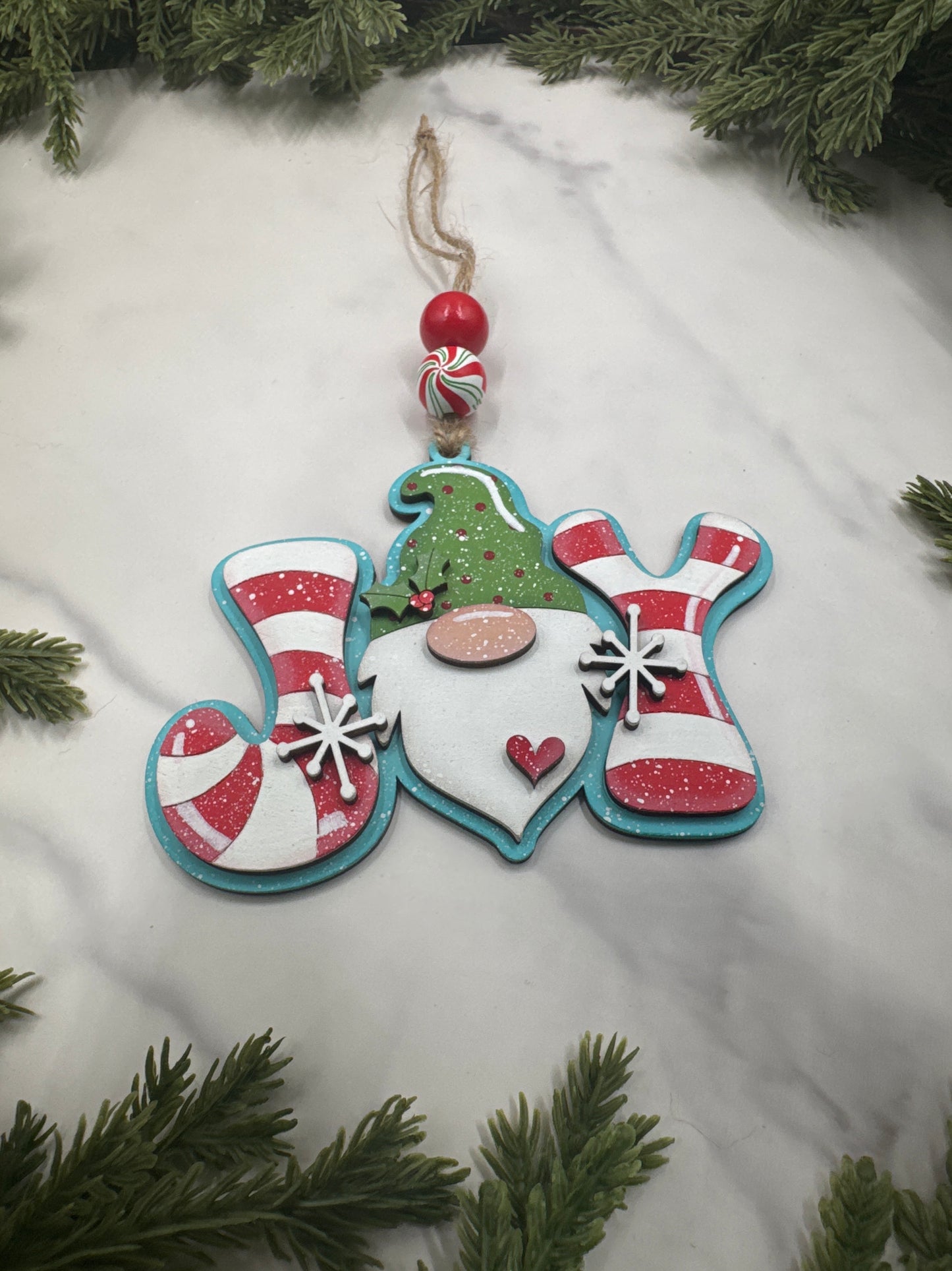 Gnome Joy Ornament – Handmade Wood Christmas Ornament, Candy Cane Holiday Décor, Festive Tree Decoration