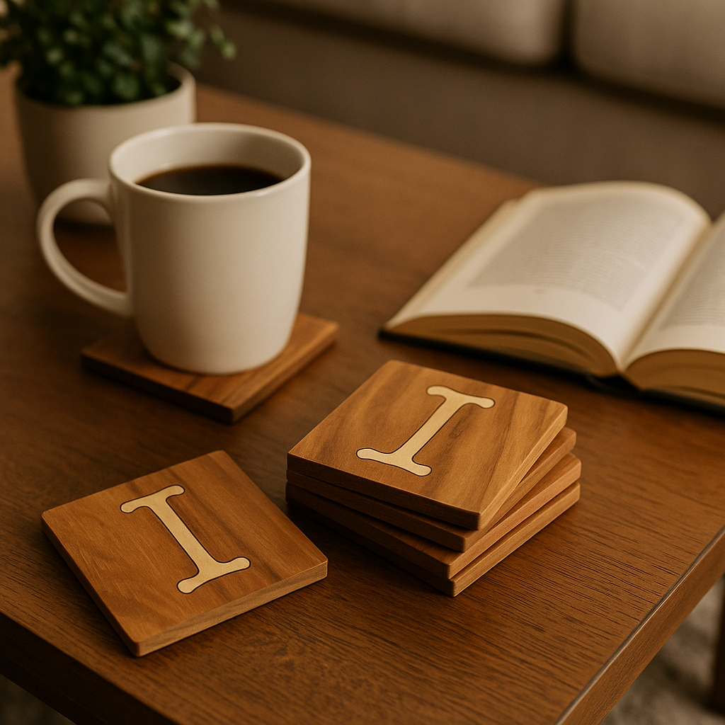 Custom Wooden Inlay Coasters – Personalized Monogram Drinkware Set