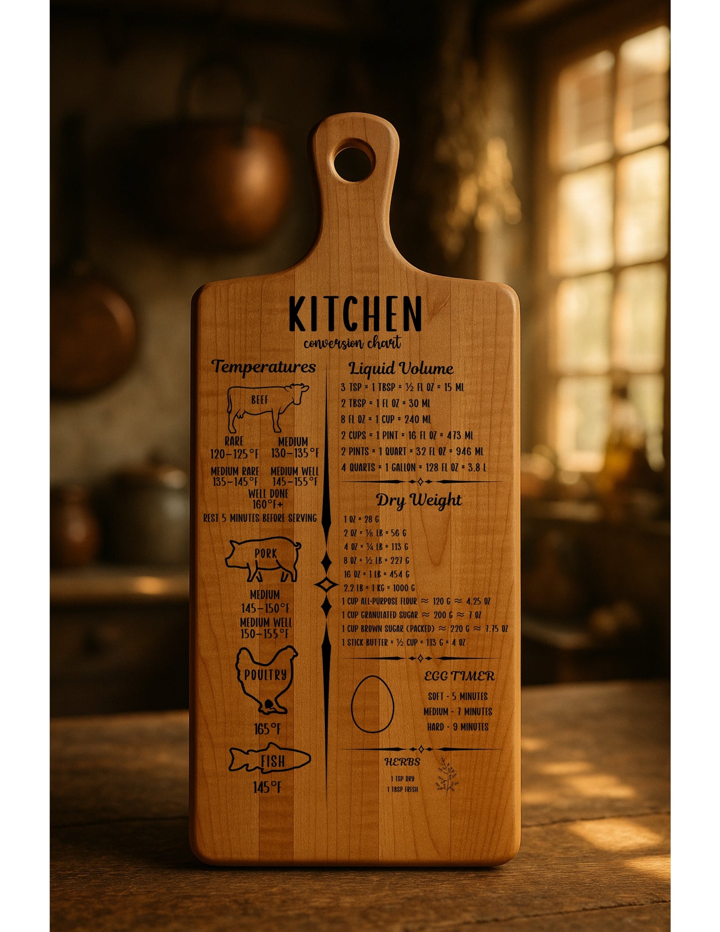 Engraved Acacia Cutting Board with Epoxy Inlay – Decorative Kitchen Conversion Chart
