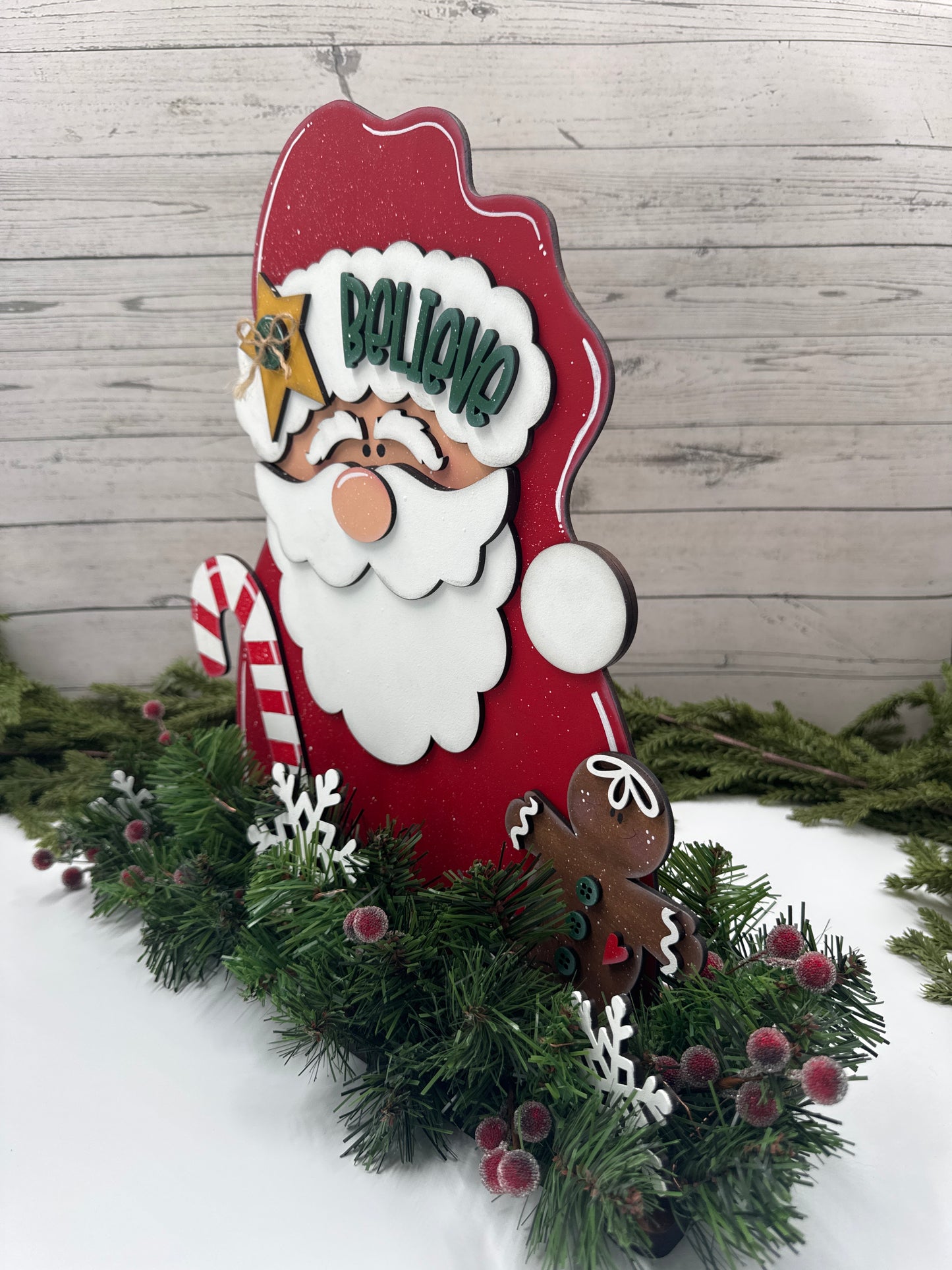 Handmade Santa “Believe” Shelf Sitter with Lighted Garland – Christmas Wood Sign Décor, Holiday Mantel Accent