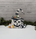 Halloween Pumpkin Witch Shelf Sitter – Hand Painted Fall Décor, Candy Corn Accent, Rustic Wooden Jack-O’-Lantern