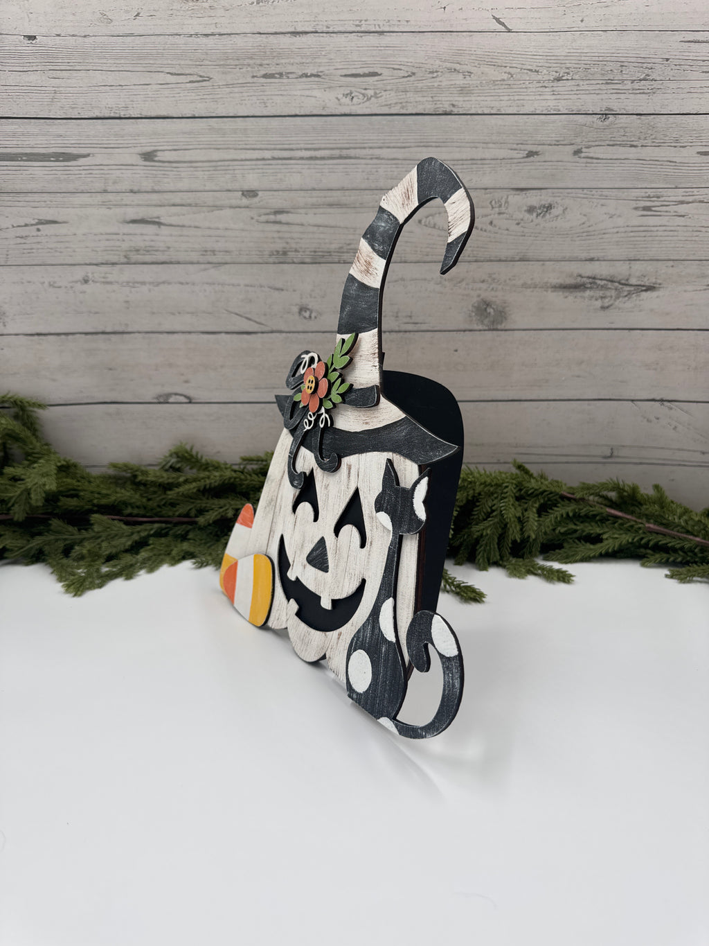 Halloween Pumpkin Witch Shelf Sitter – Hand Painted Fall Décor, Candy Corn Accent, Rustic Wooden Jack-O’-Lantern