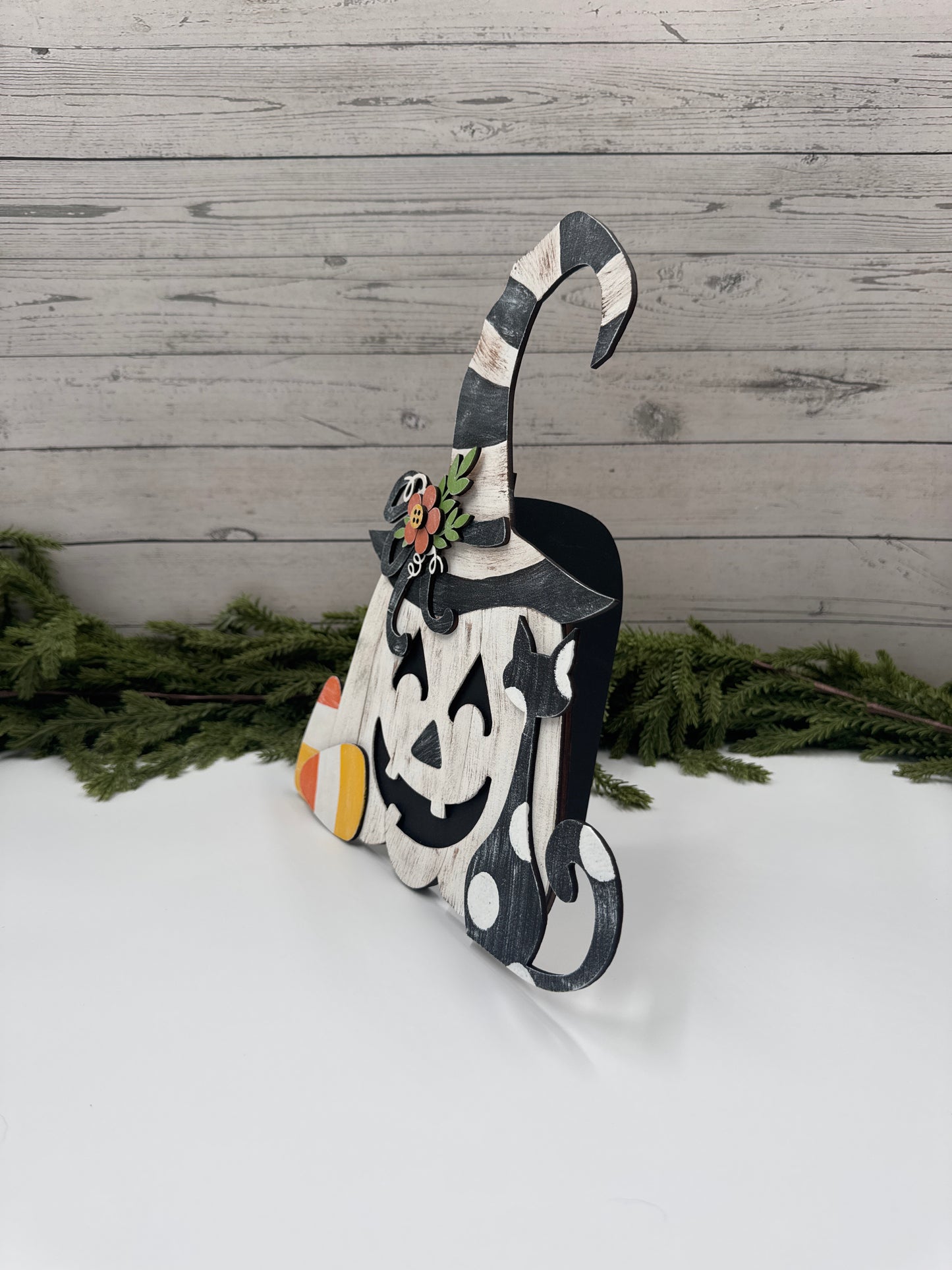 Halloween Pumpkin Witch Shelf Sitter – Hand Painted Fall Décor, Candy Corn Accent, Rustic Wooden Jack-O’-Lantern