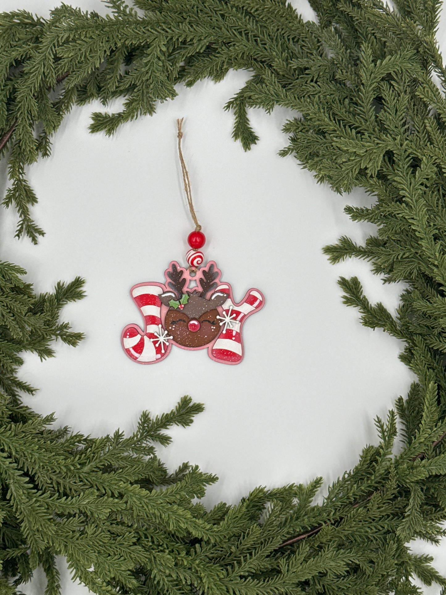 Reindeer Joy Ornament – Handmade Wood Christmas Ornament, Candy Cane Holiday Décor, Rustic Tree Decoration