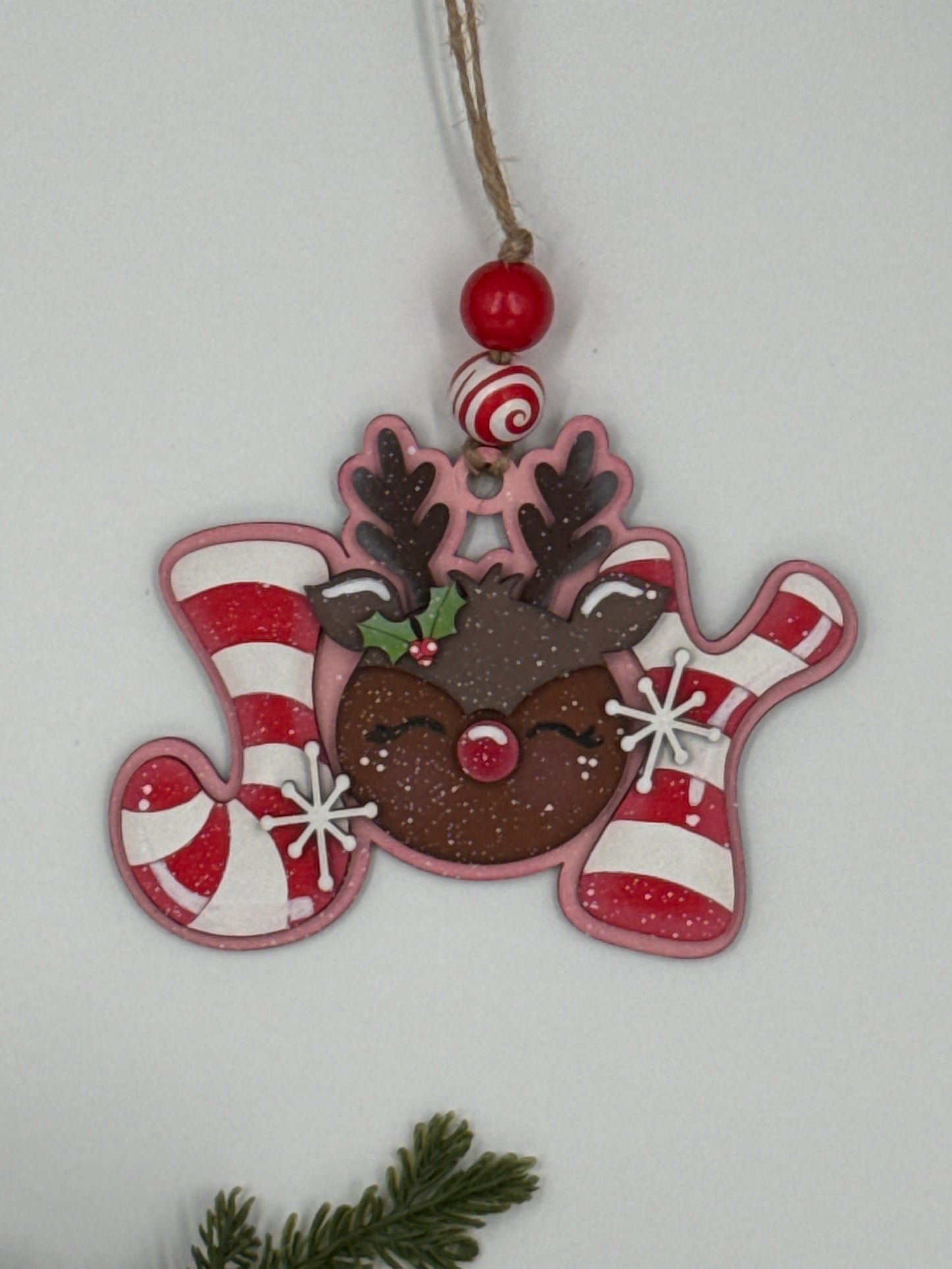 Reindeer Joy Ornament – Handmade Wood Christmas Ornament, Candy Cane Holiday Décor, Rustic Tree Decoration