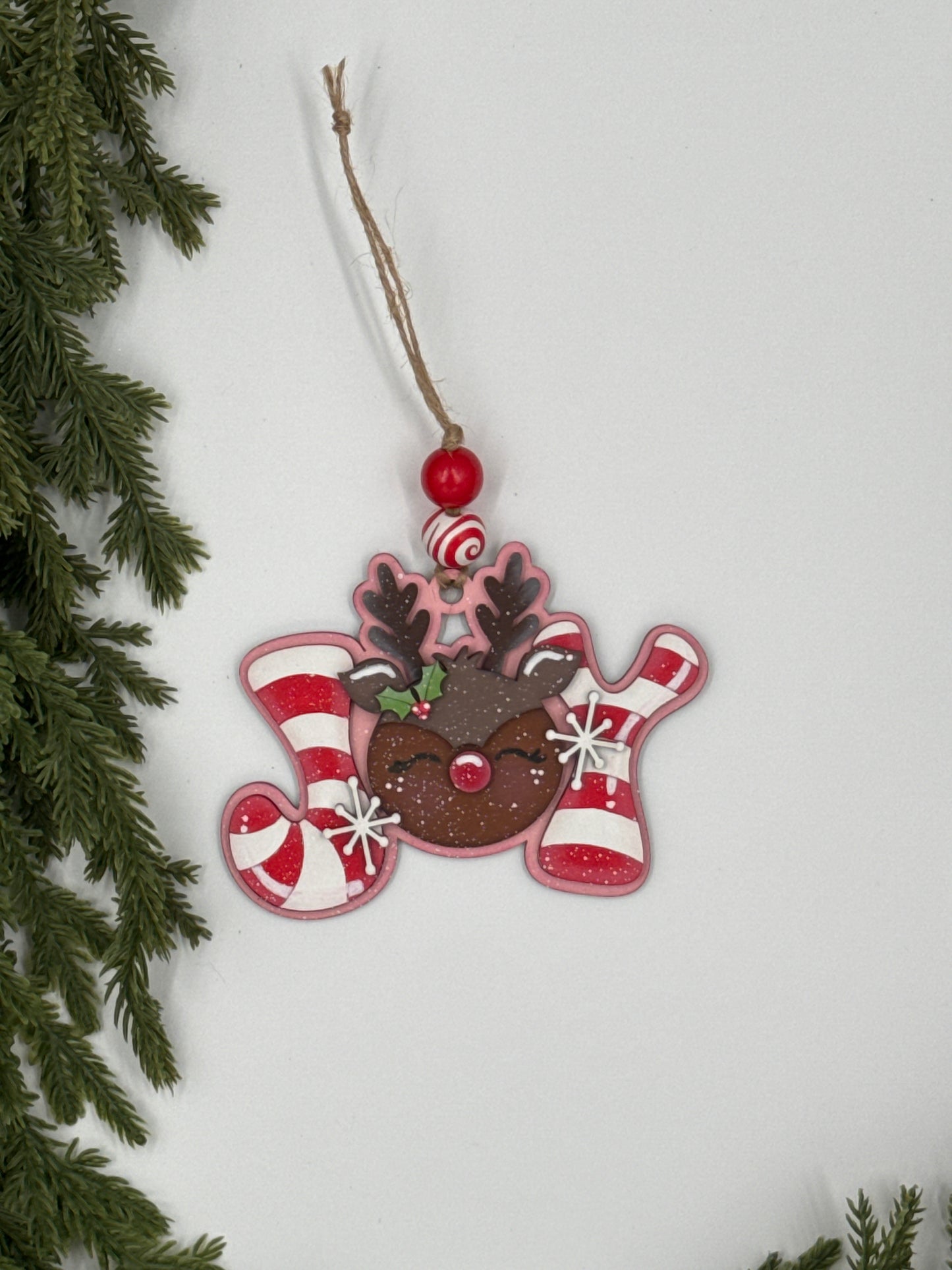 Reindeer Joy Ornament – Handmade Wood Christmas Ornament, Candy Cane Holiday Décor, Rustic Tree Decoration