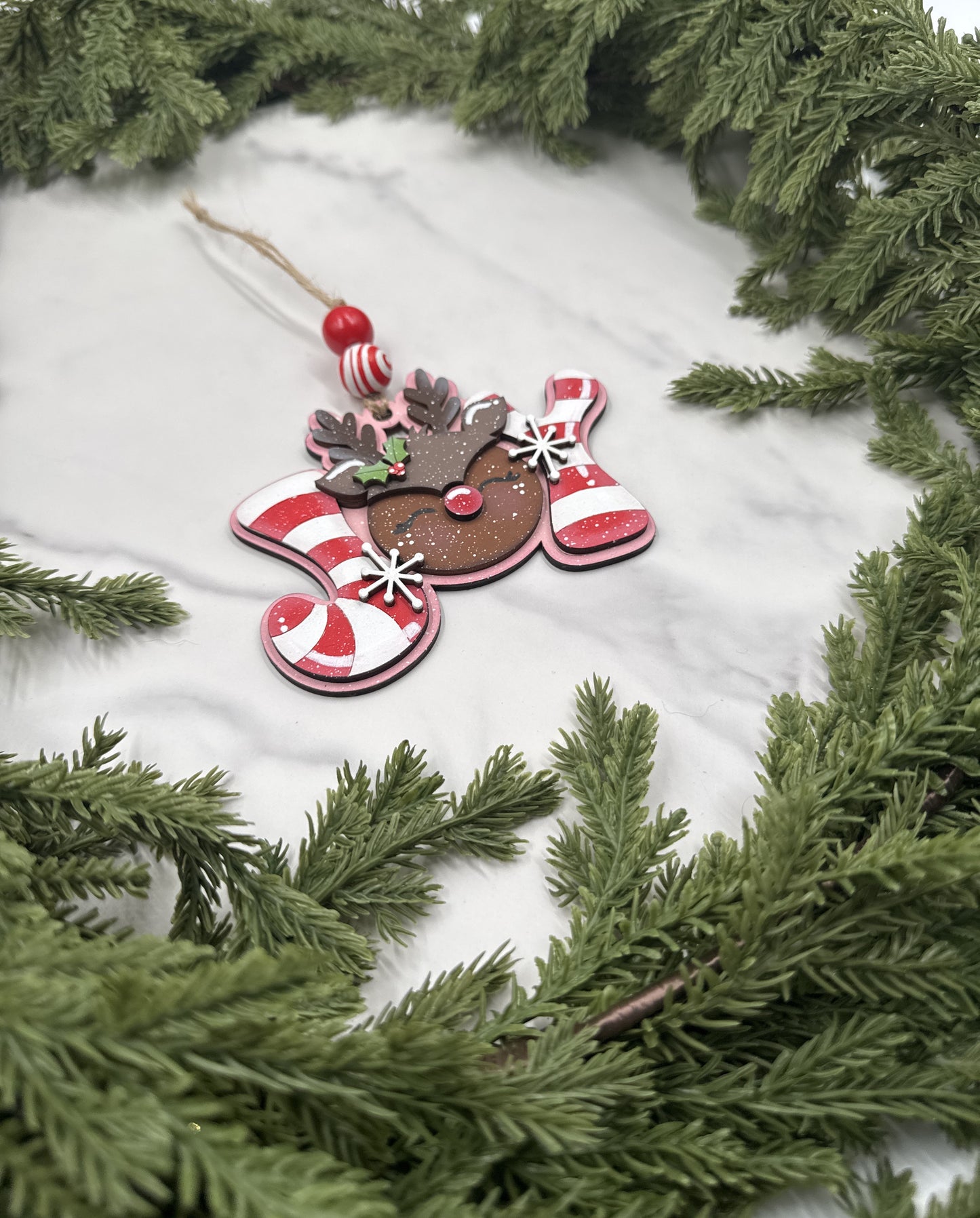 Reindeer Joy Ornament – Handmade Wood Christmas Ornament, Candy Cane Holiday Décor, Rustic Tree Decoration