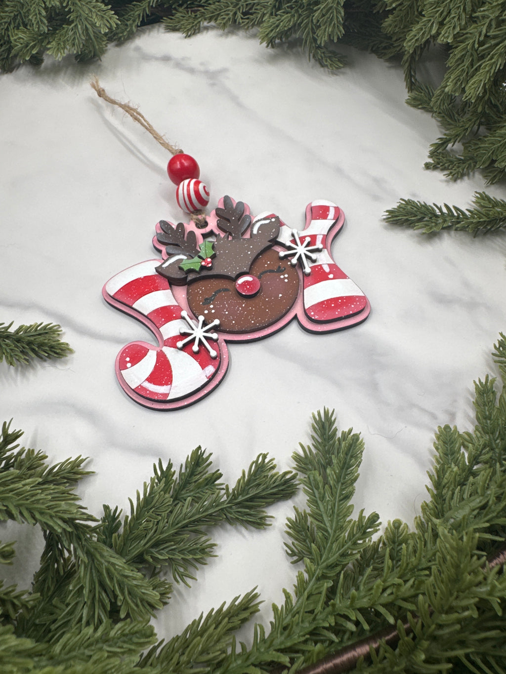 Reindeer Joy Ornament – Handmade Wood Christmas Ornament, Candy Cane Holiday Décor, Rustic Tree Decoration