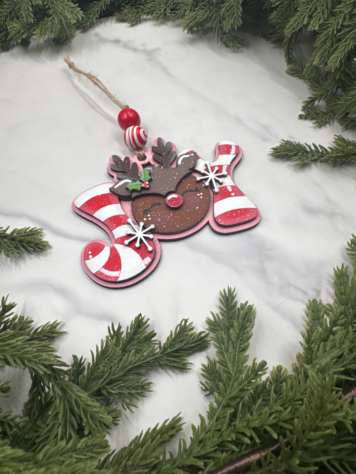 Reindeer Joy Ornament – Handmade Wood Christmas Ornament, Candy Cane Holiday Décor, Rustic Tree Decoration