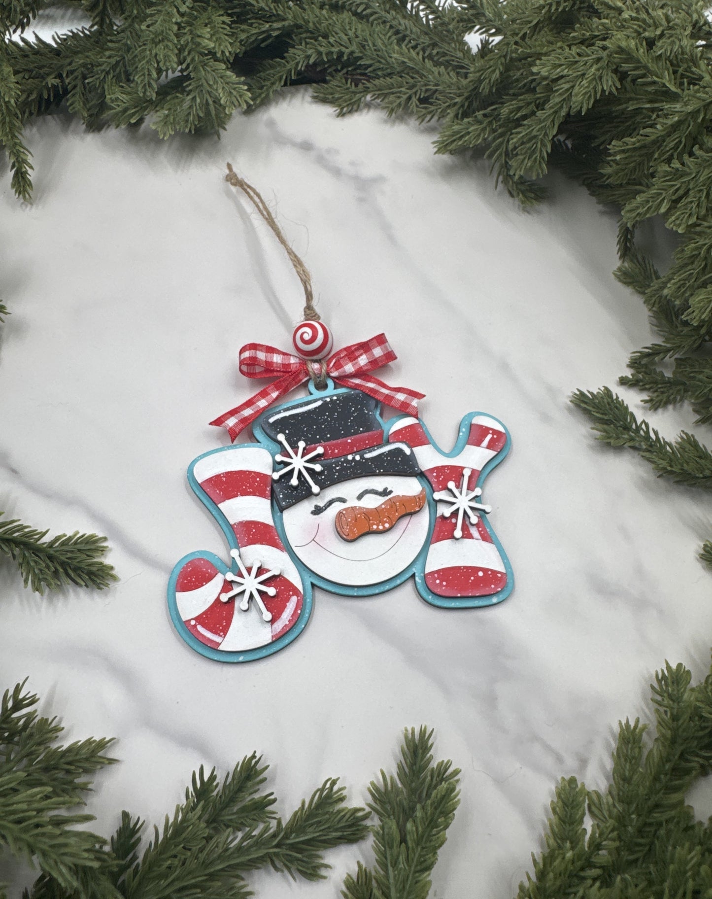 Snowman Joy Ornament – Handmade Wood Ornament, Candy Cane Holiday Décor, Christmas Tree Decoration