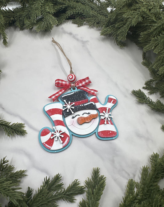 Snowman Joy Ornament – Handmade Wood Ornament, Candy Cane Holiday Décor, Christmas Tree Decoration
