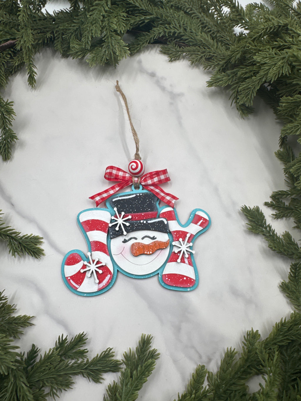 Snowman Joy Ornament – Handmade Wood Ornament, Candy Cane Holiday Décor, Christmas Tree Decoration