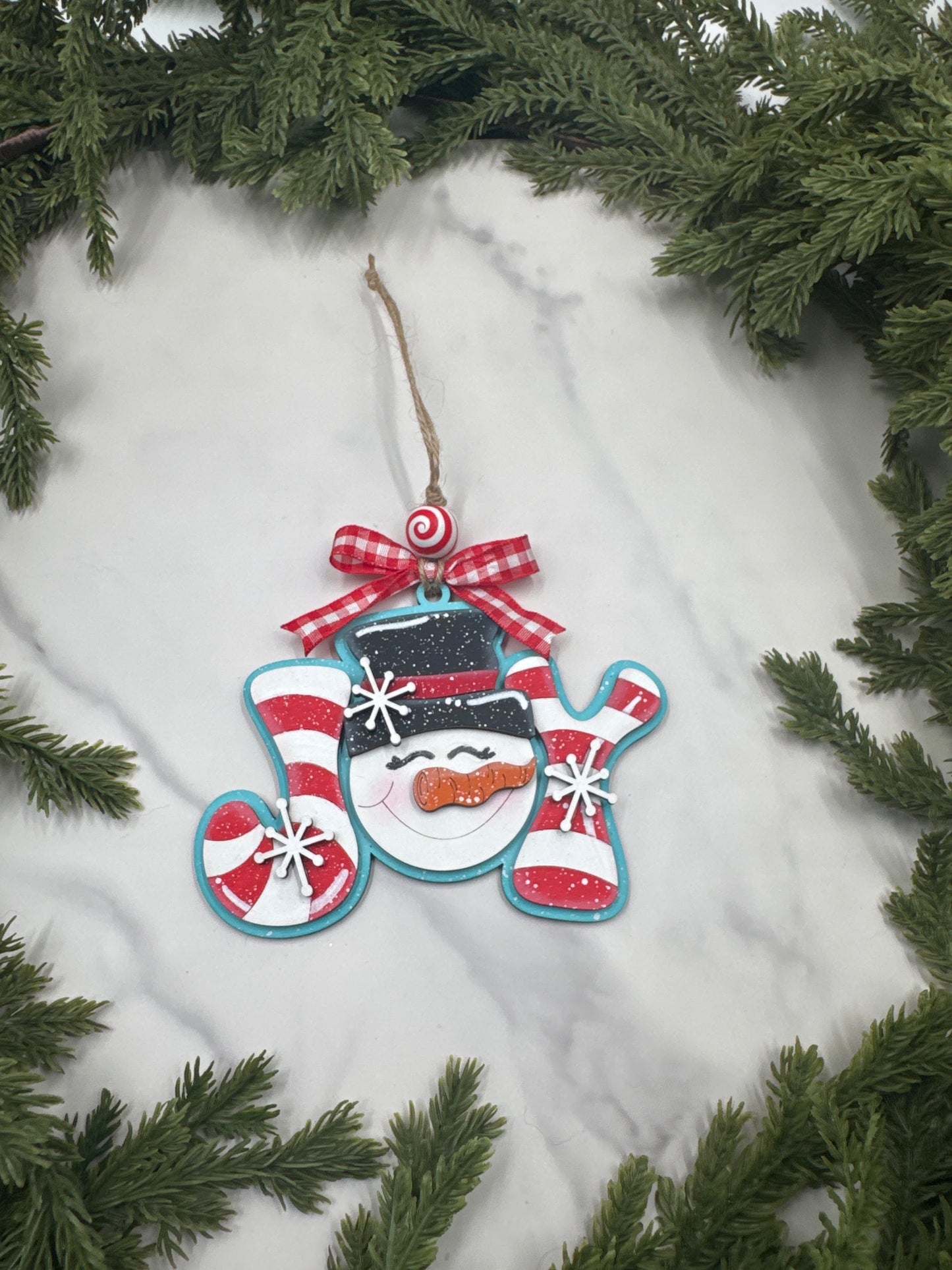 Snowman Joy Ornament – Handmade Wood Ornament, Candy Cane Holiday Décor, Christmas Tree Decoration