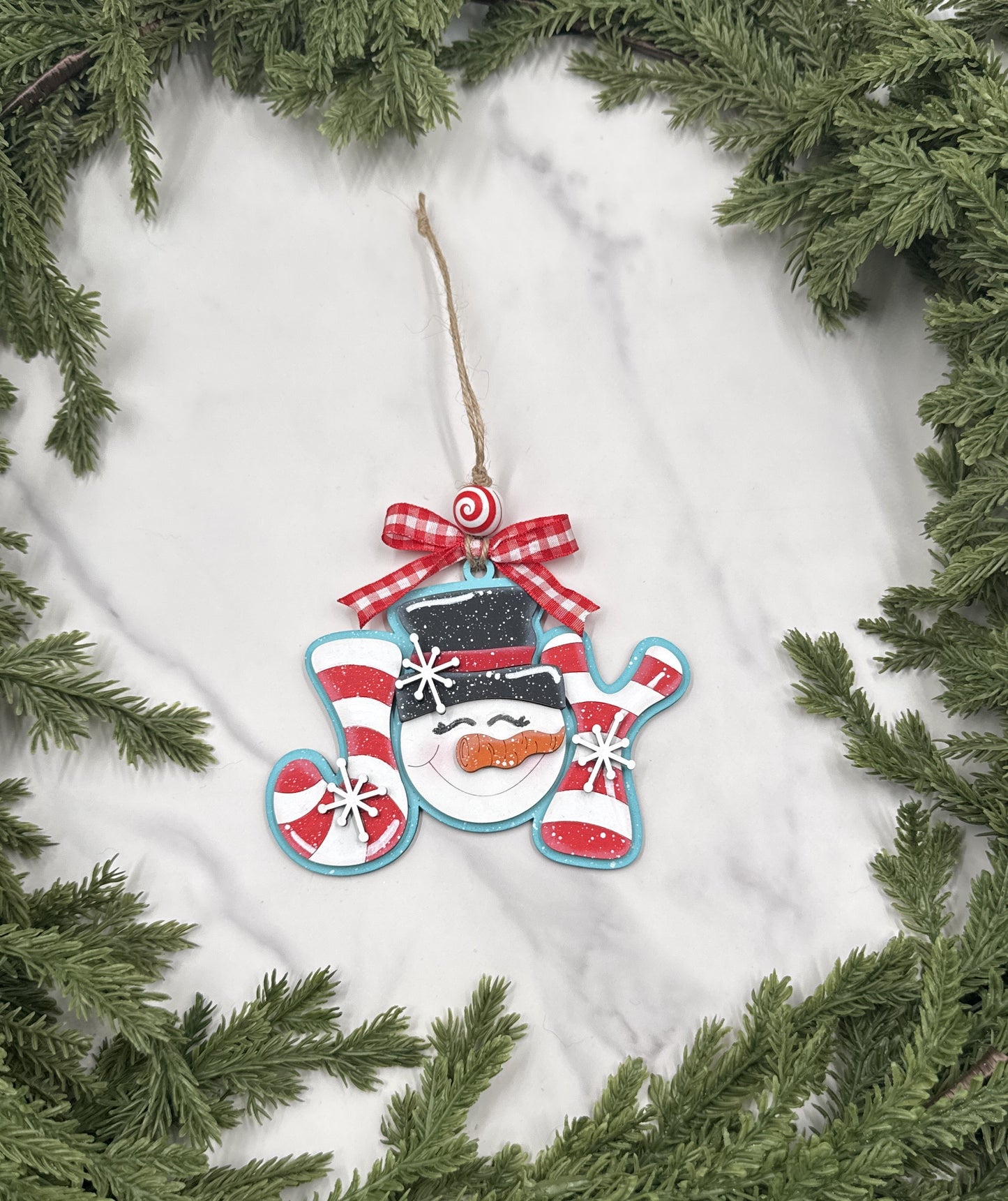Snowman Joy Ornament – Handmade Wood Ornament, Candy Cane Holiday Décor, Christmas Tree Decoration