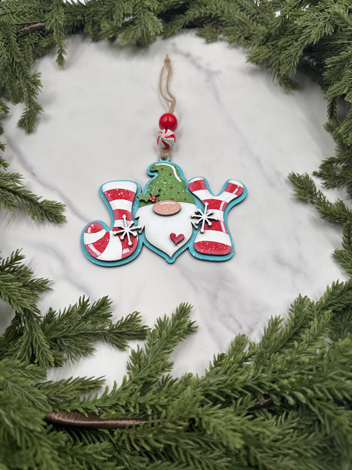 Gnome Joy Ornament – Handmade Wood Christmas Ornament, Candy Cane Holiday Décor, Festive Tree Decoration