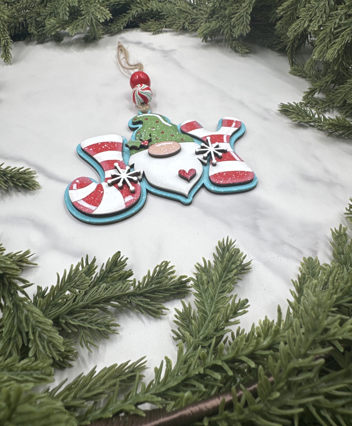 Gnome Joy Ornament – Handmade Wood Christmas Ornament, Candy Cane Holiday Décor, Festive Tree Decoration