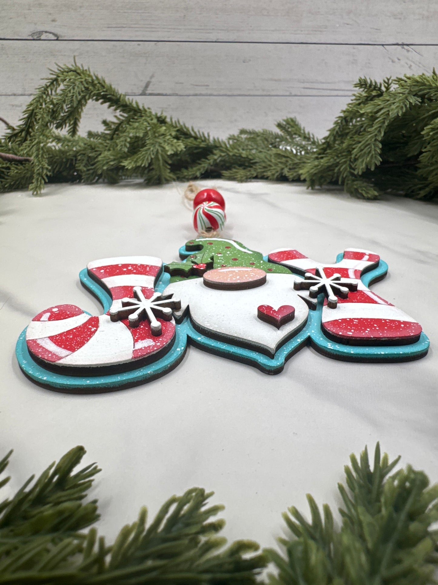 Gnome Joy Ornament – Handmade Wood Christmas Ornament, Candy Cane Holiday Décor, Festive Tree Decoration