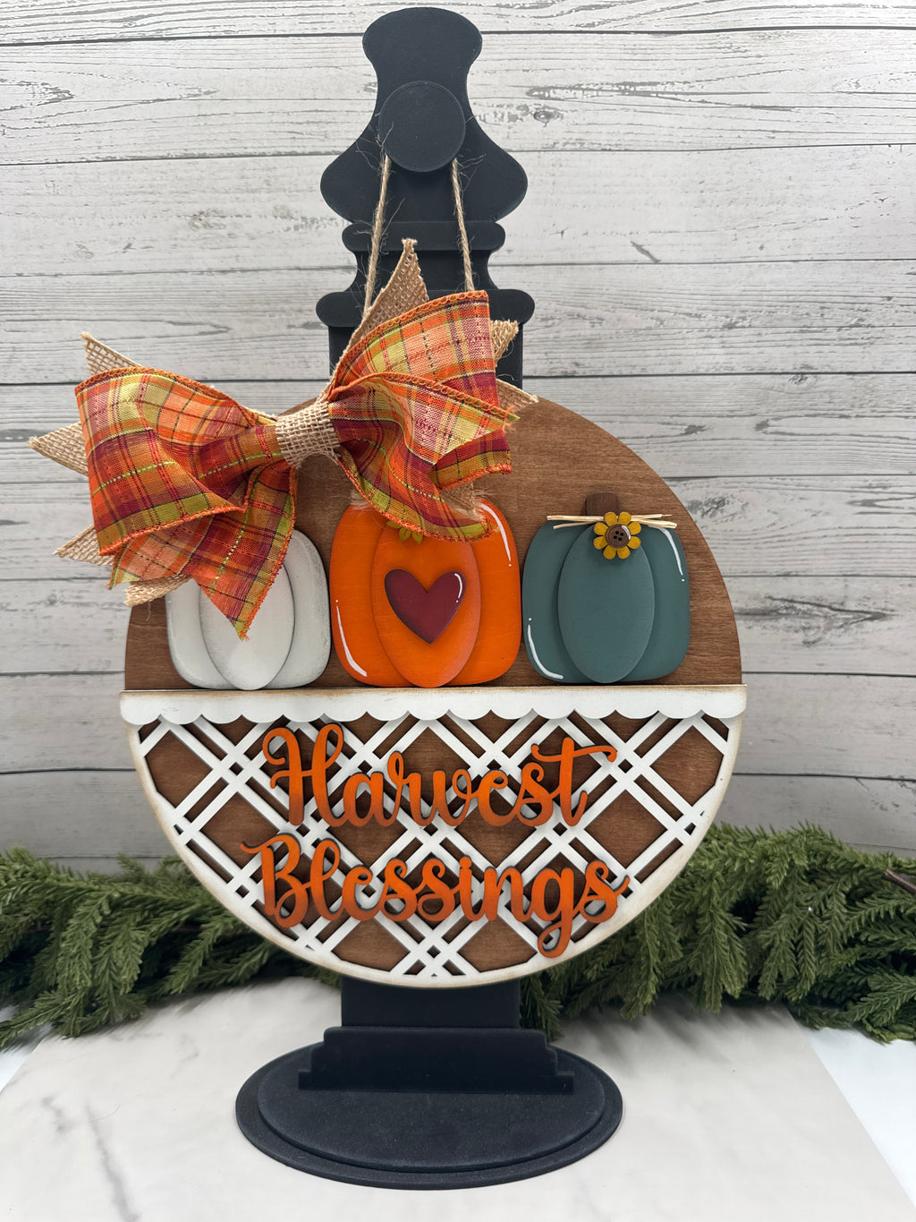 Harvest Blessings 10.5" Door Hanger, Hanging Sign, Round Fall Pumpkin Sign, Display Stand Ready