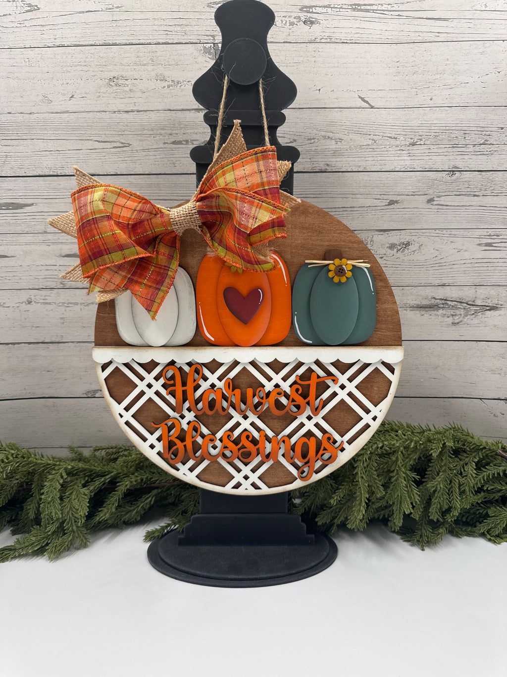 Harvest Blessings 10.5" Door Hanger, Hanging Sign, Round Fall Pumpkin Sign, Display Stand Ready