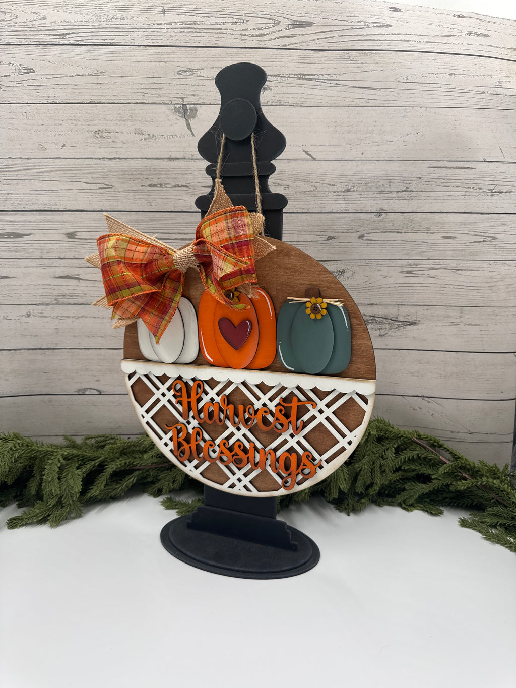 Harvest Blessings 10.5" Door Hanger, Hanging Sign, Round Fall Pumpkin Sign, Display Stand Ready