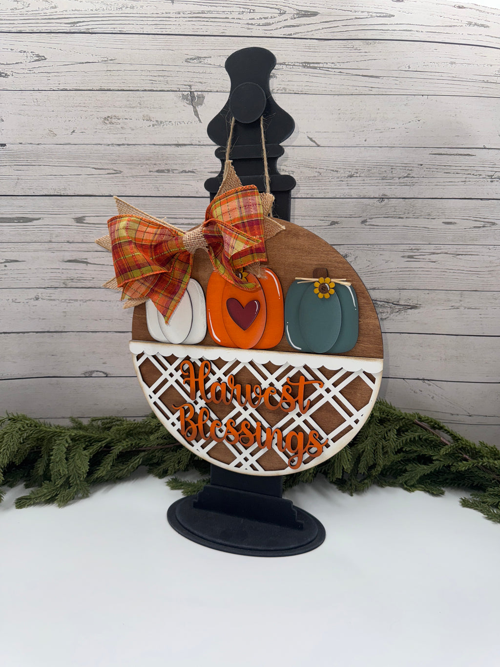 Harvest Blessings 10.5" Door Hanger, Hanging Sign, Round Fall Pumpkin Sign, Display Stand Ready