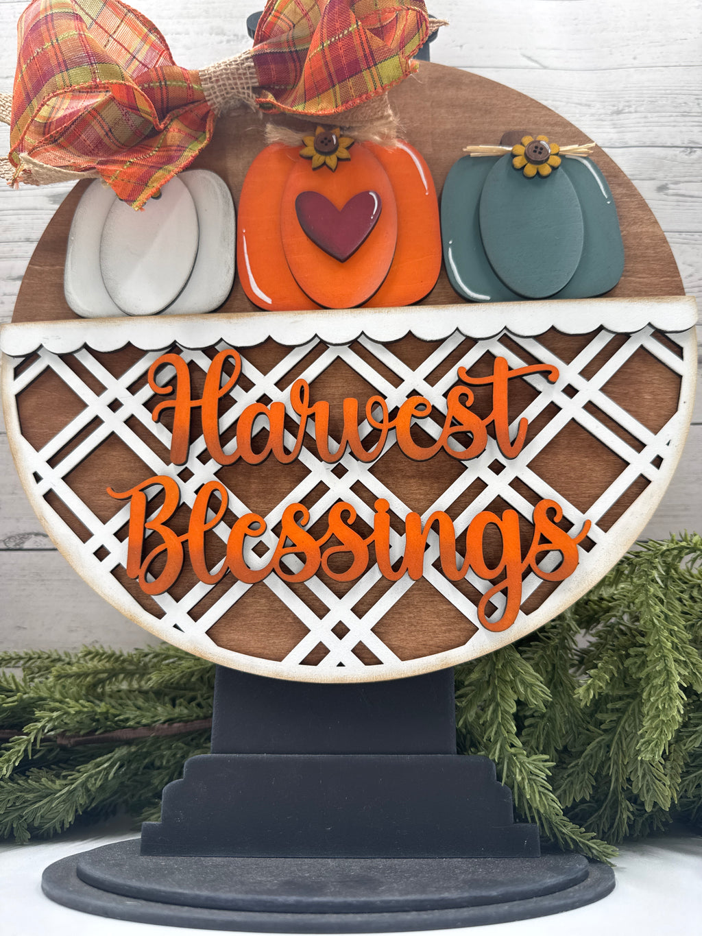 Harvest Blessings 10.5" Door Hanger, Hanging Sign, Round Fall Pumpkin Sign, Display Stand Ready