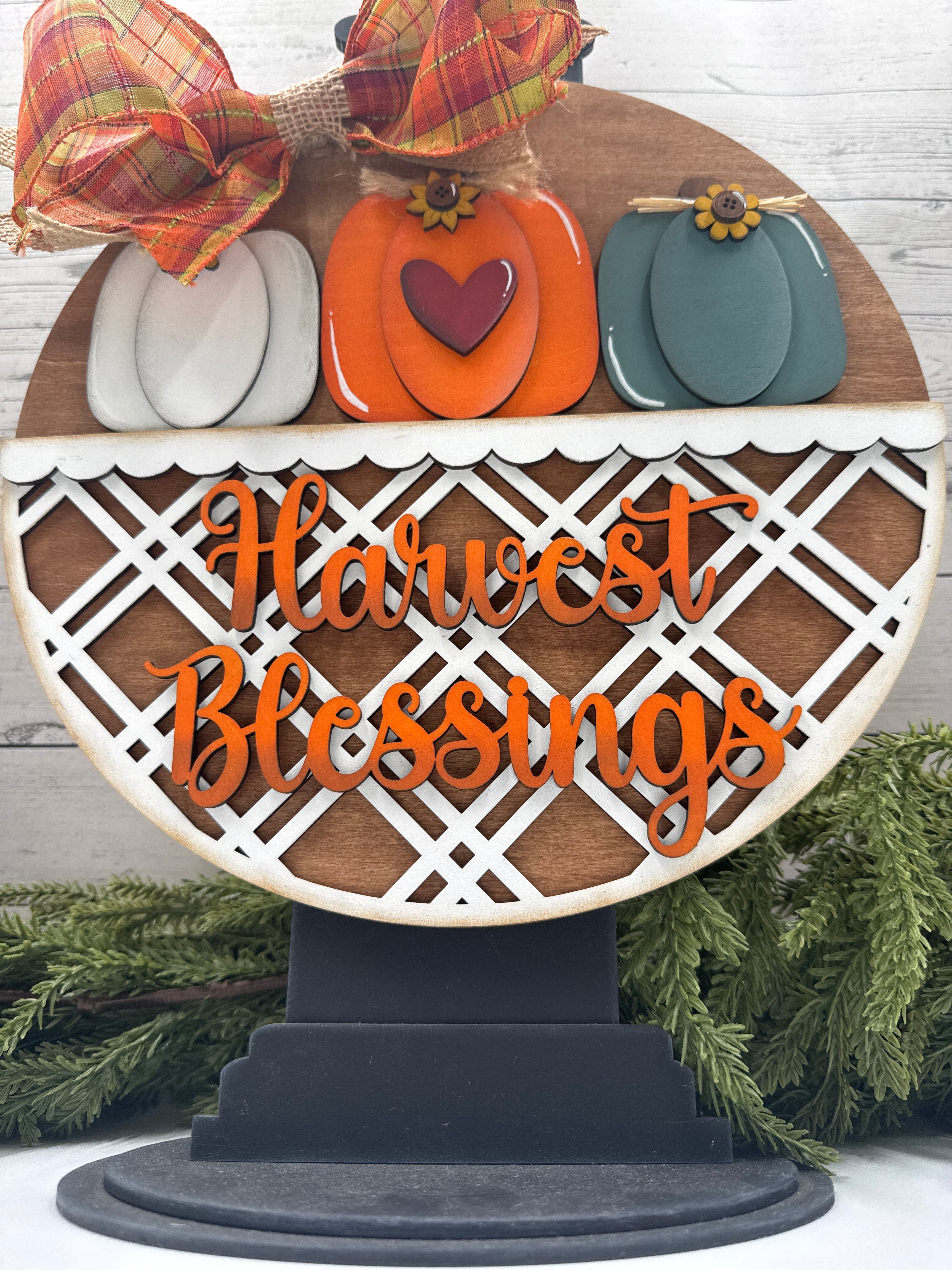 Harvest Blessings 10.5" Door Hanger, Hanging Sign, Round Fall Pumpkin Sign, Display Stand Ready