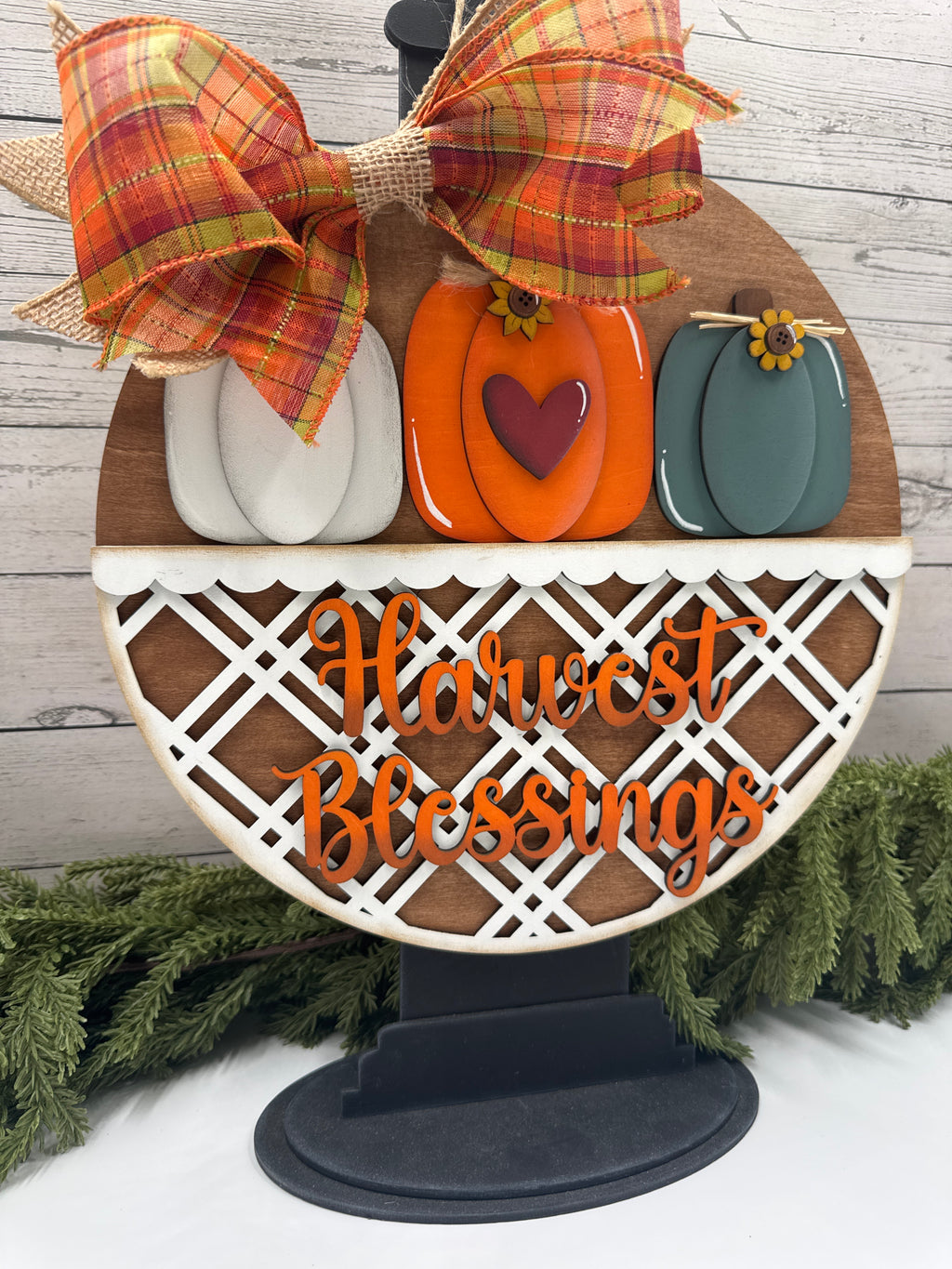 Harvest Blessings 10.5" Door Hanger, Hanging Sign, Round Fall Pumpkin Sign, Display Stand Ready