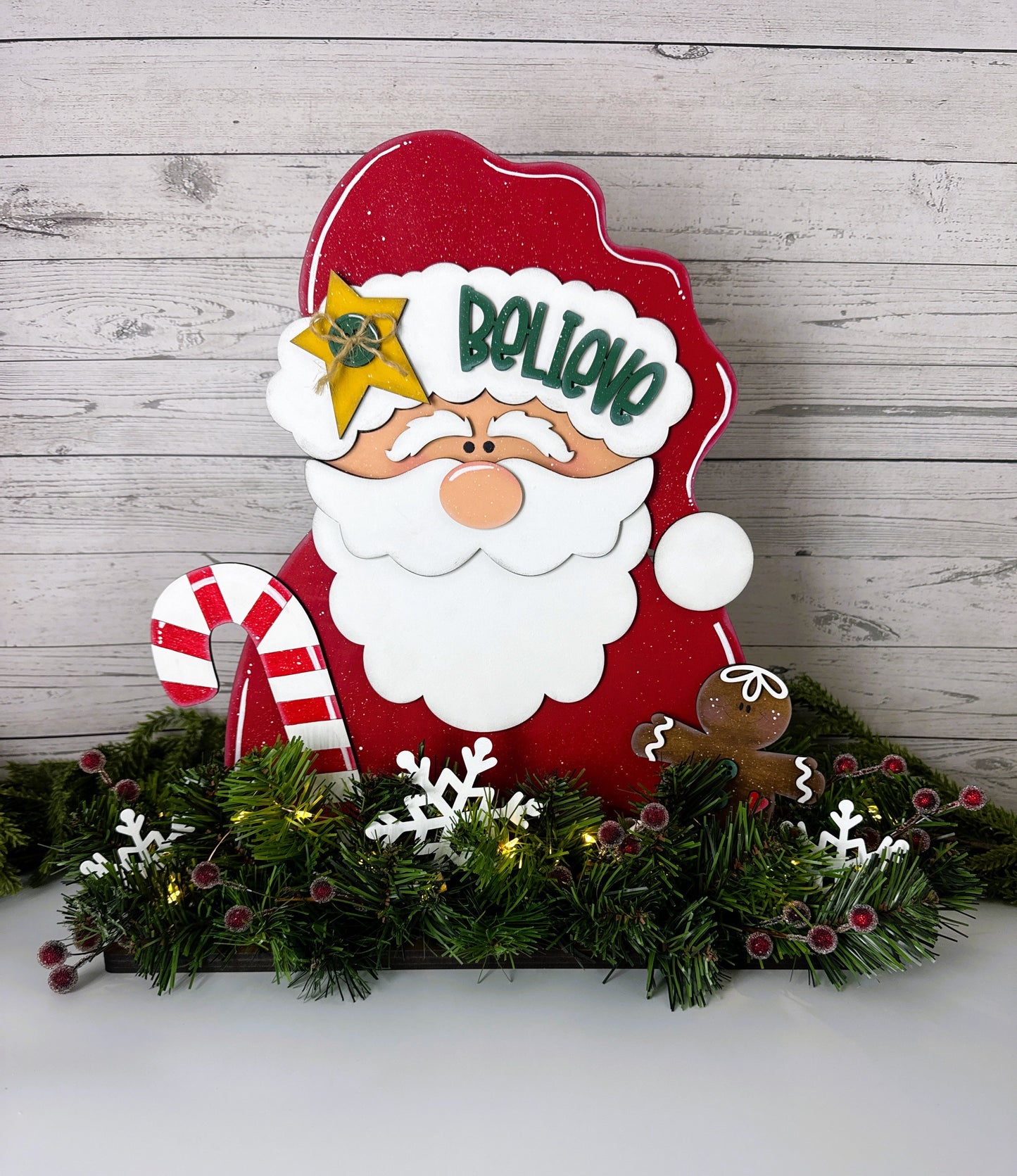 Handmade Santa “Believe” Shelf Sitter with Lighted Garland – Christmas Wood Sign Décor, Holiday Mantel Accent
