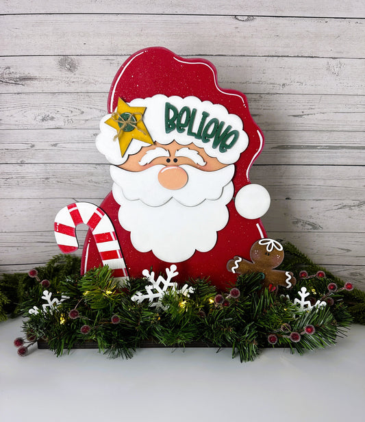 Handmade Santa “Believe” Shelf Sitter with Lighted Garland – Christmas Wood Sign Décor, Holiday Mantel Accent