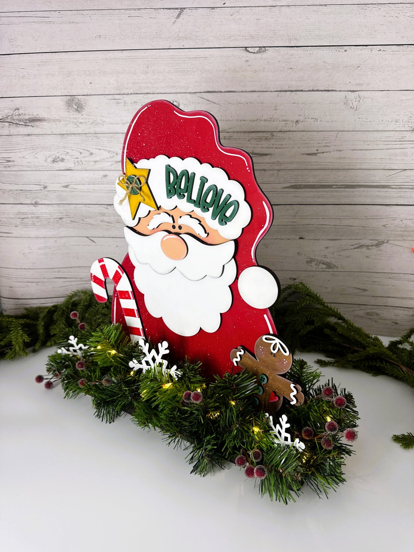 Handmade Santa “Believe” Shelf Sitter with Lighted Garland – Christmas Wood Sign Décor, Holiday Mantel Accent