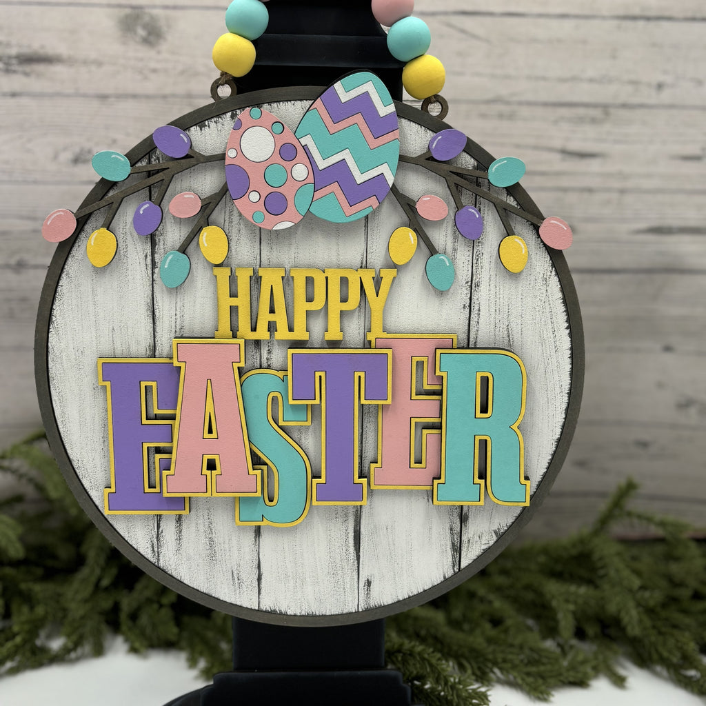 Pastel Happy Easter Door Hanger | Layered Wood Easter Berry Decor