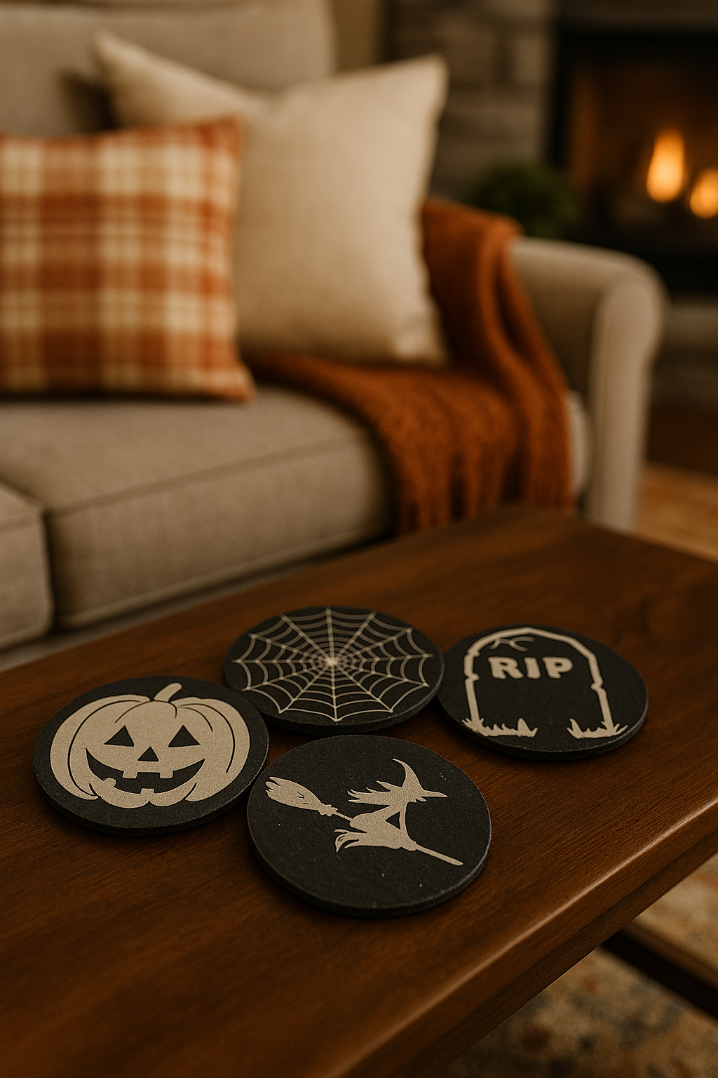 Halloween Engraved Slate Coaster Set – Spooky Drinkware Décor (Set of 4)