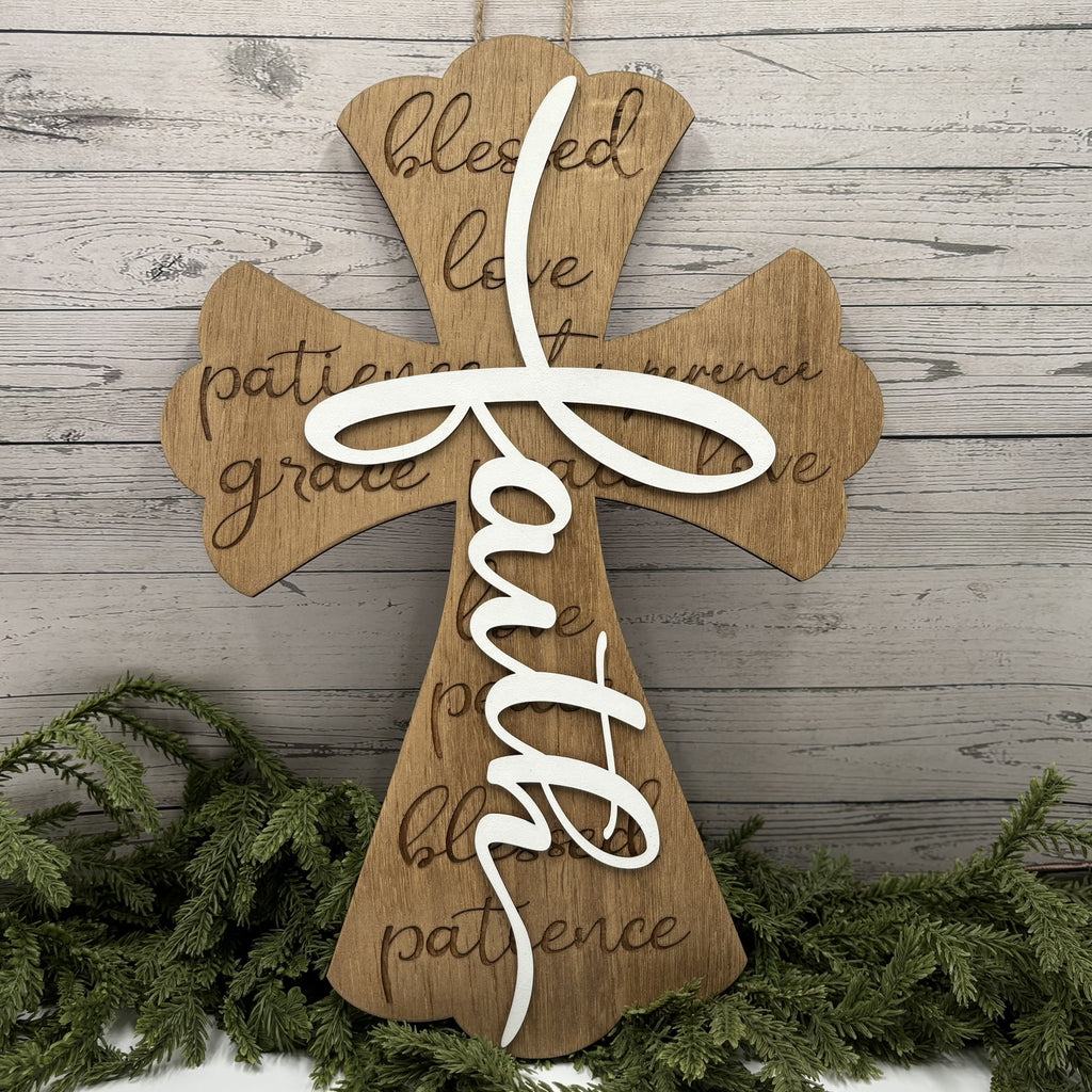 Faith Cross Door Hanger | Blessed Love Grace Patience Wooden Wall Decor