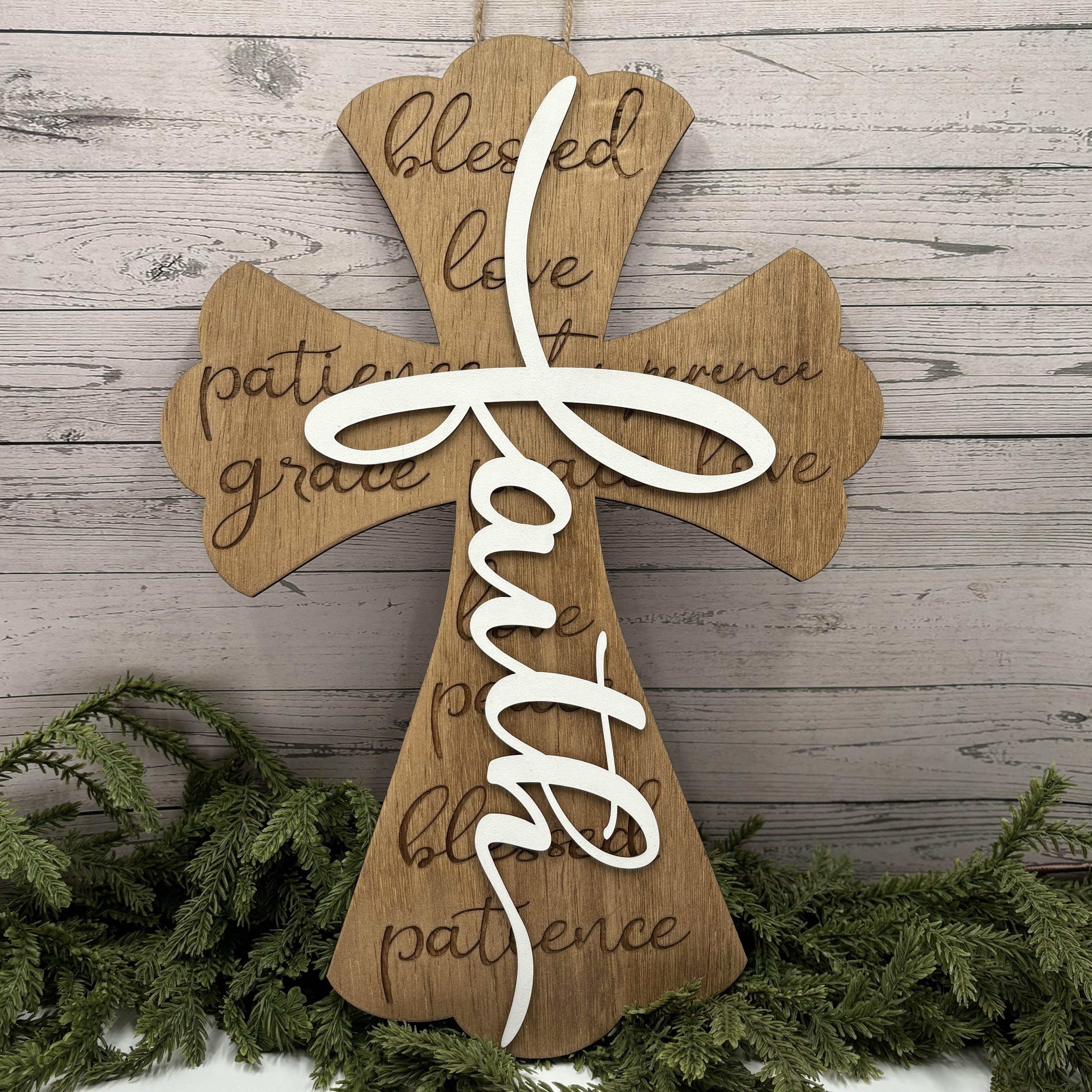 Faith Cross Door Hanger | Blessed Love Grace Patience Wooden Wall Decor
