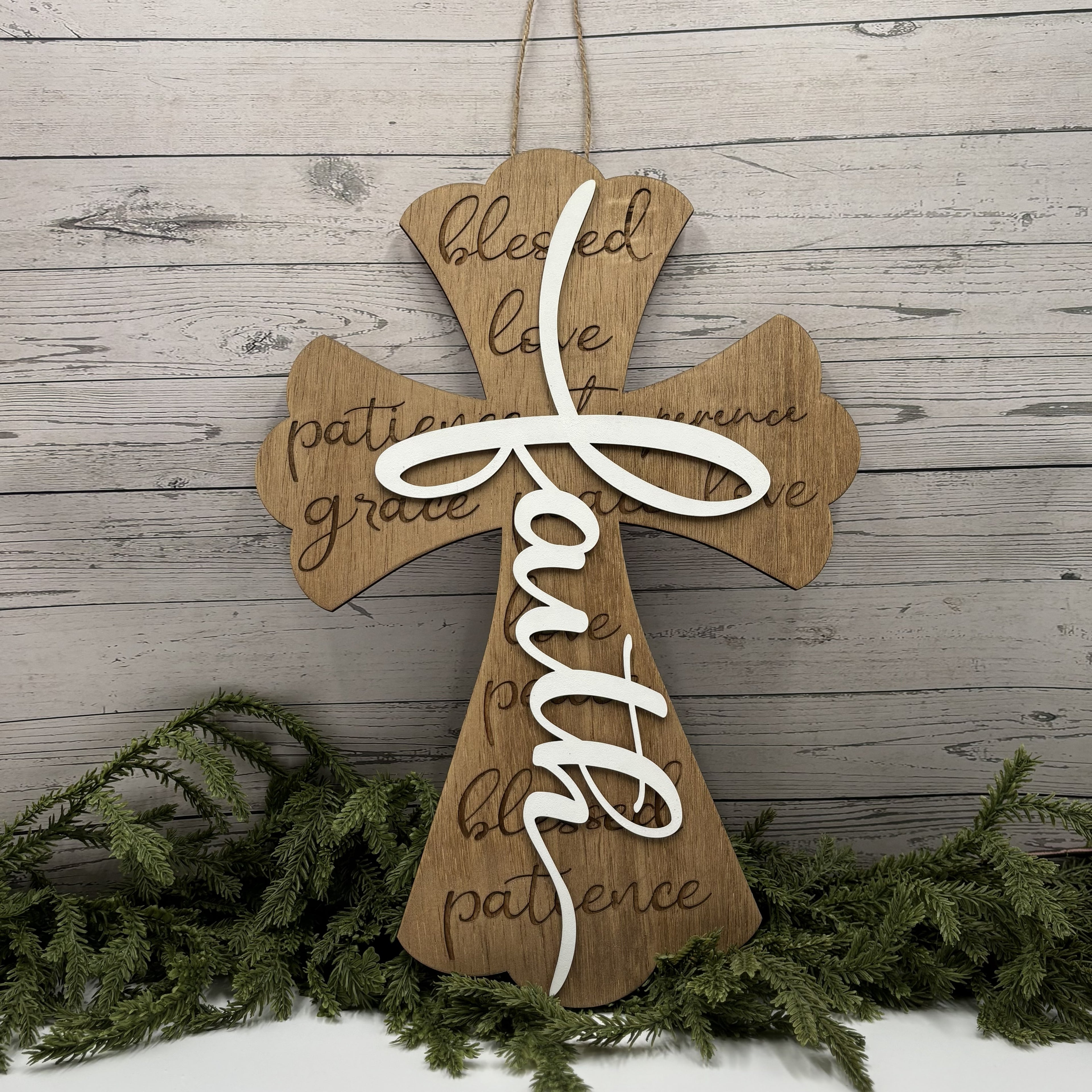 Faith Cross Door Hanger | Blessed Love Grace Patience Wooden Wall Decor