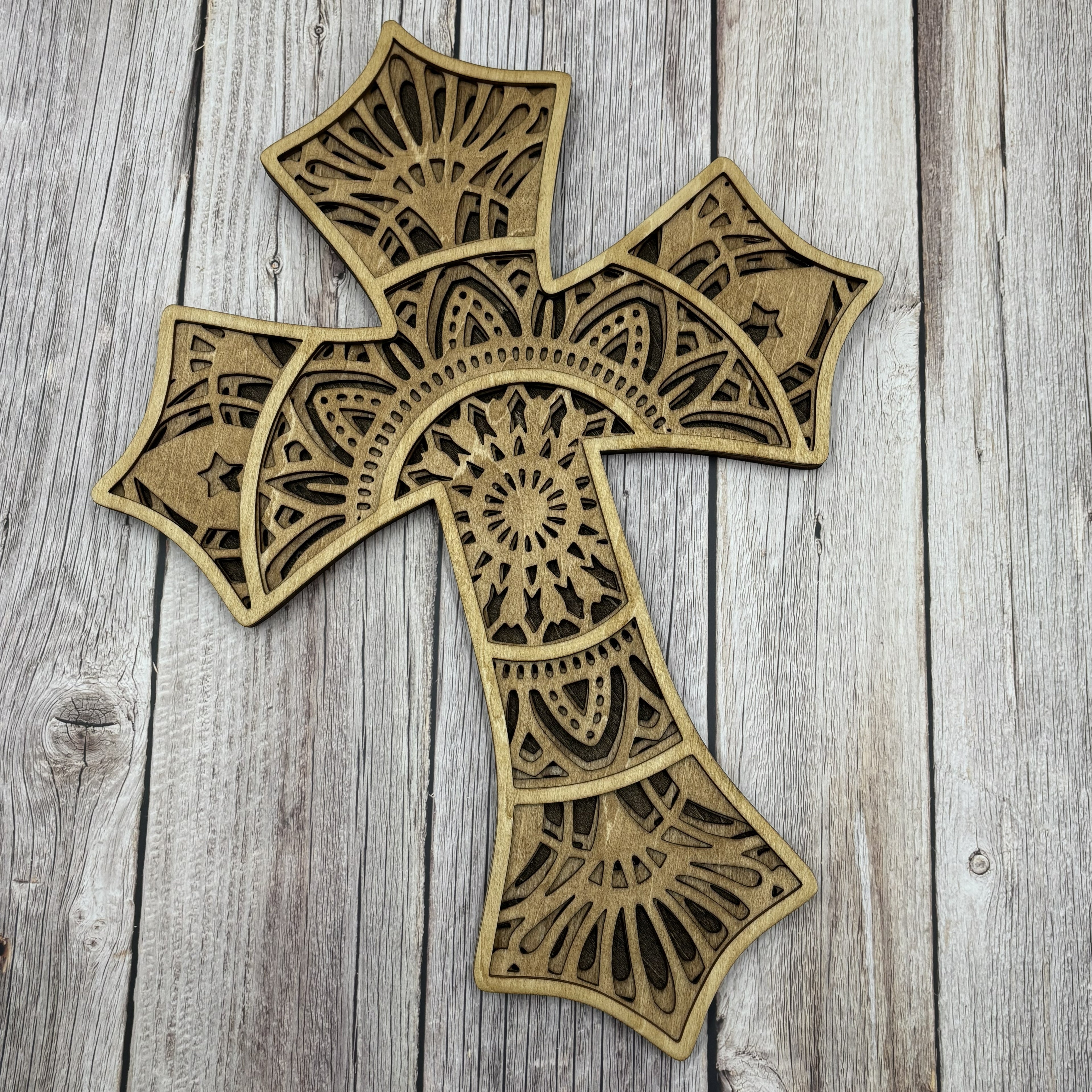 Layered Wooden Cross Wall Art | Ornate Scrollwork Christian Home Decor