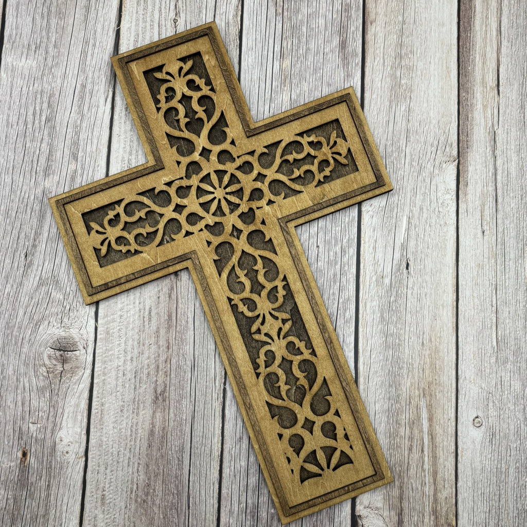 Layered Wooden Scroll Cross Wall Decor | Laser Cut Faith Art