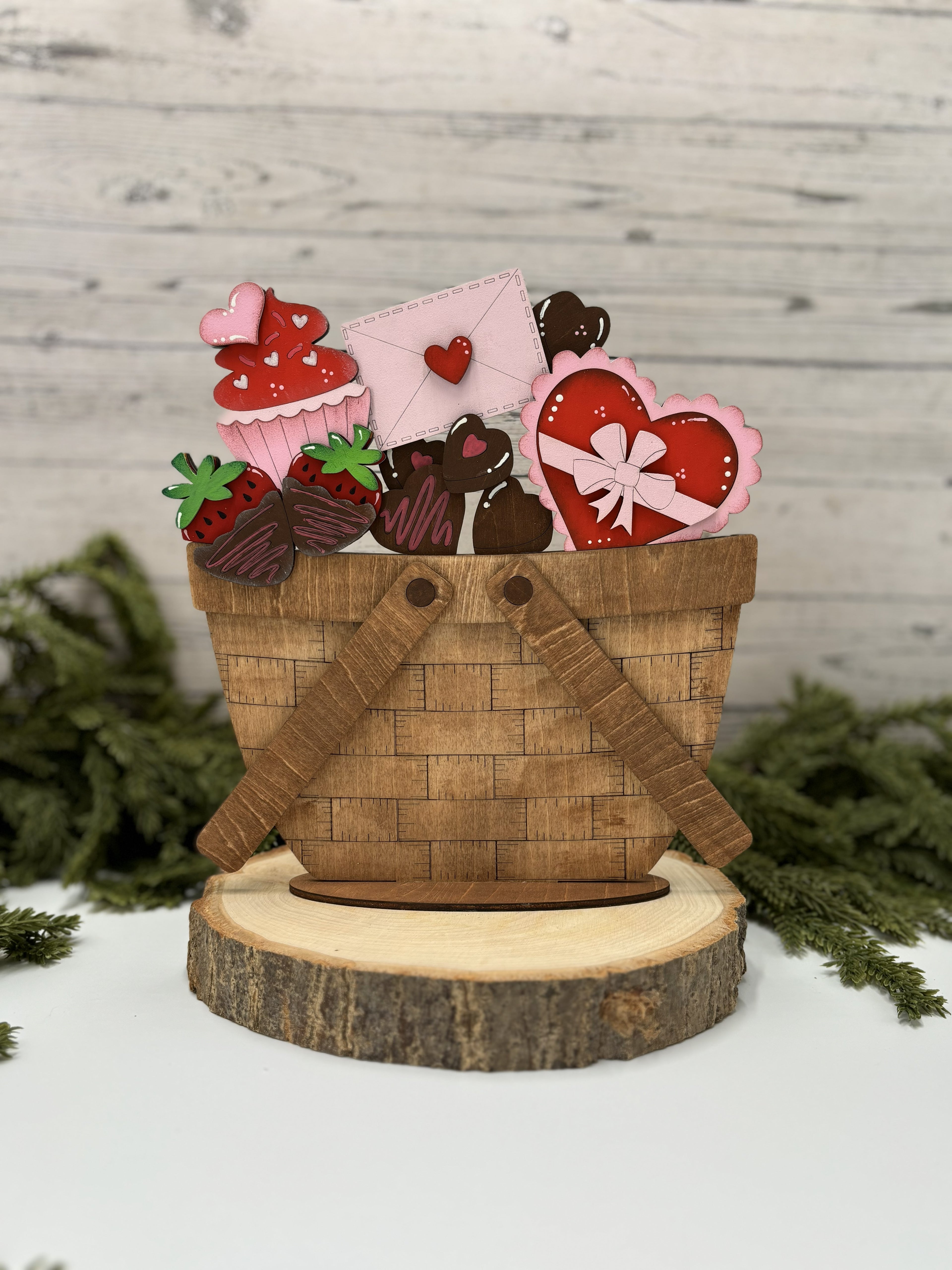 Valentine Candy Basket Interchangeable Insert for Full Size Flower Basket, Cupcake, Chocolate Covered Strawberries,  Hearts, Love, Shelf Sitter, Tiered Trays, Home Decor